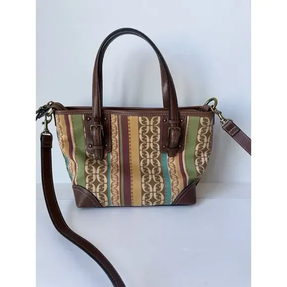 Fossil Striped Canvas Handbag Leather Trim Handles Shoulder Strap 9x7”​ - Picture 4 of 12